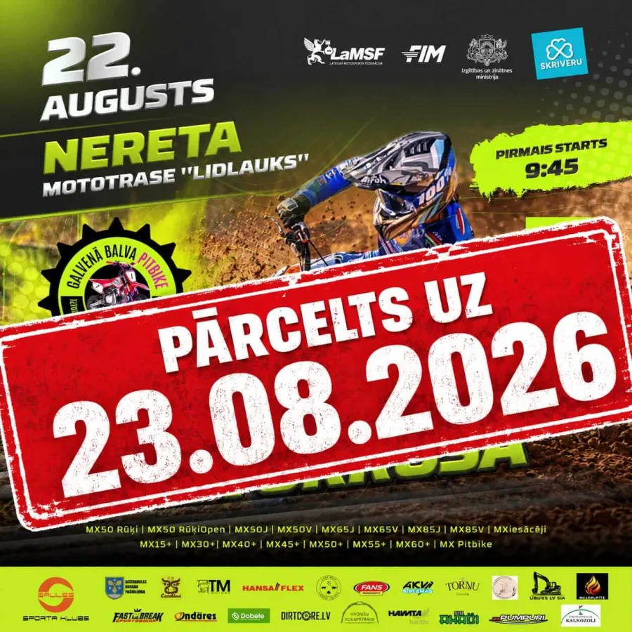 Informējam – motokrosa sacensības Neretā pārceltas uz 23.08.2026.